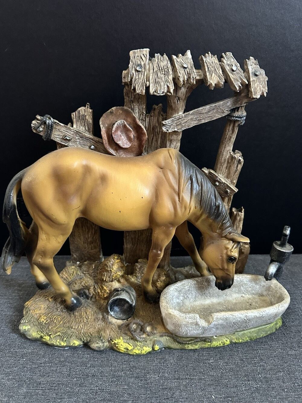 Western Horse Figurine Drinking at Trough Rustic Ranch Fence Cowboy Resin 12”